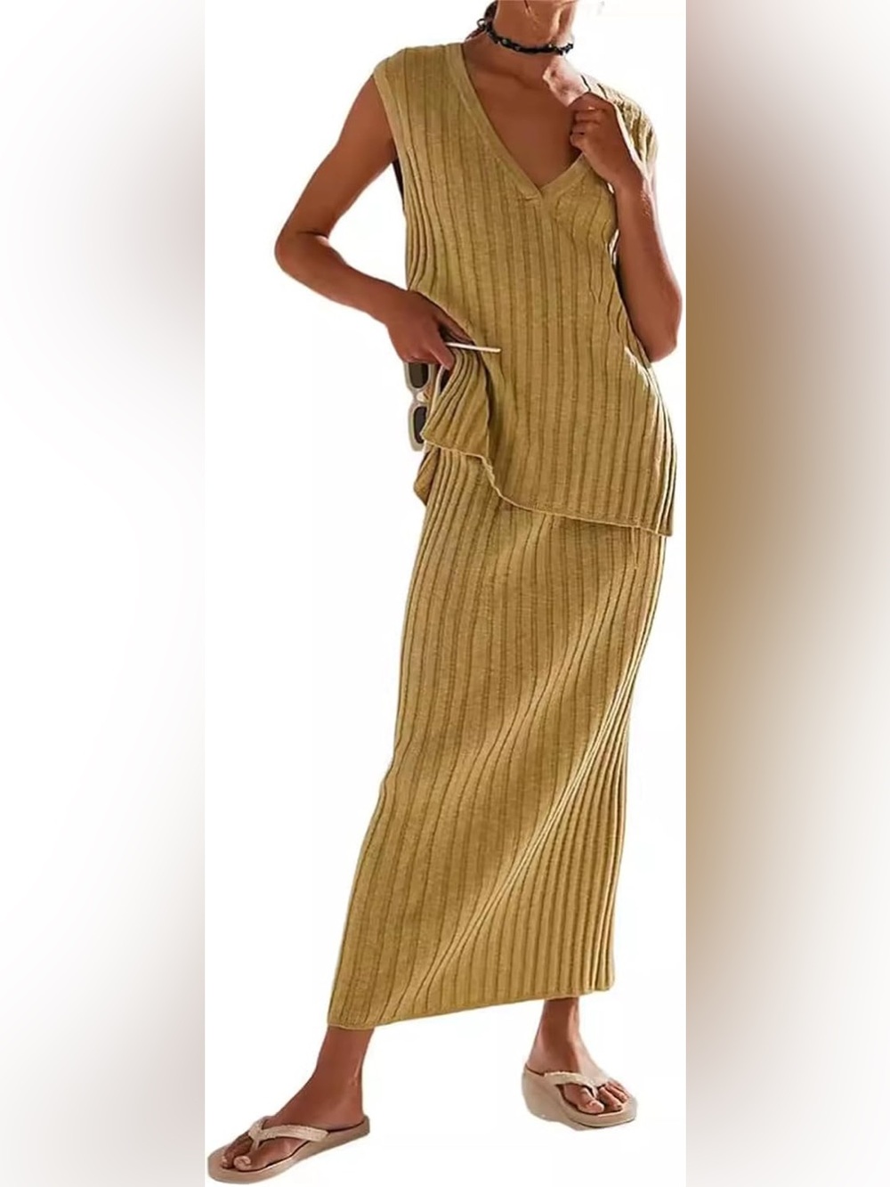 Ribbed Knit Tank & Maxi Skirt Set in green